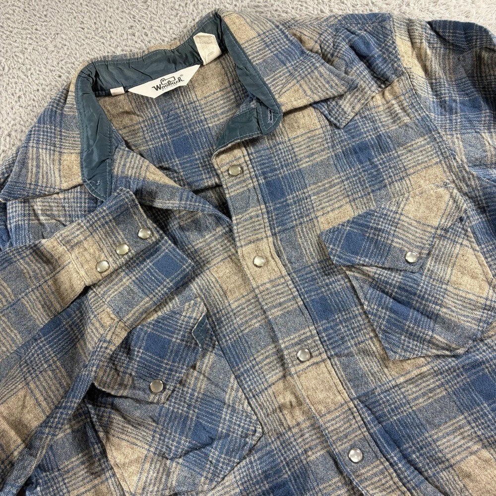VINTAGE 70s Woolrich Shirt Mens XL Blue Brown Plaid Wool Utility Ranch Chore
